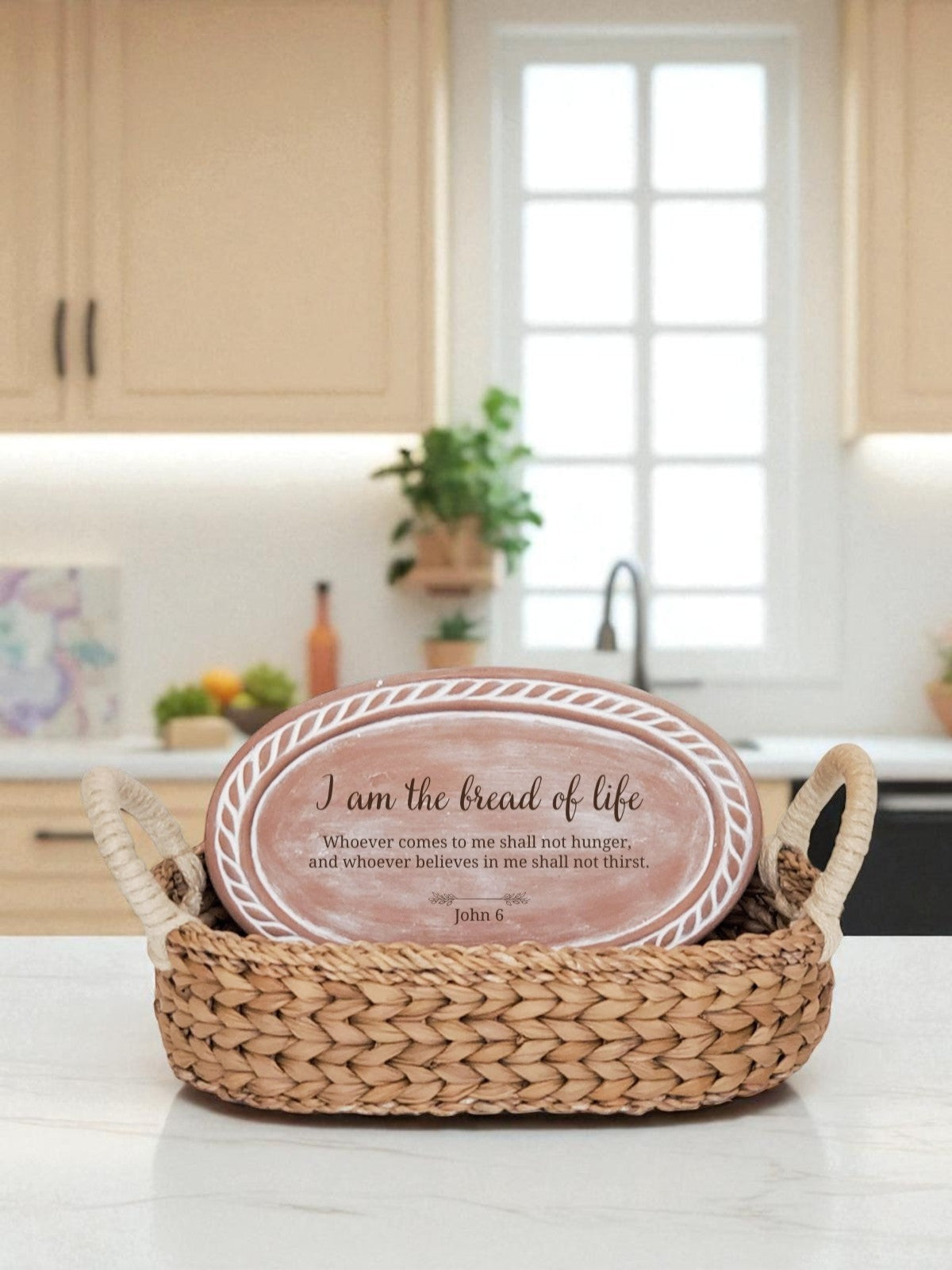 Christian Bread Warmer & Basket – Oval Stone with Scripture