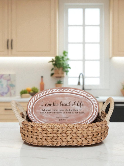 Christian Bread Warmer & Basket – Oval Stone with Scripture
