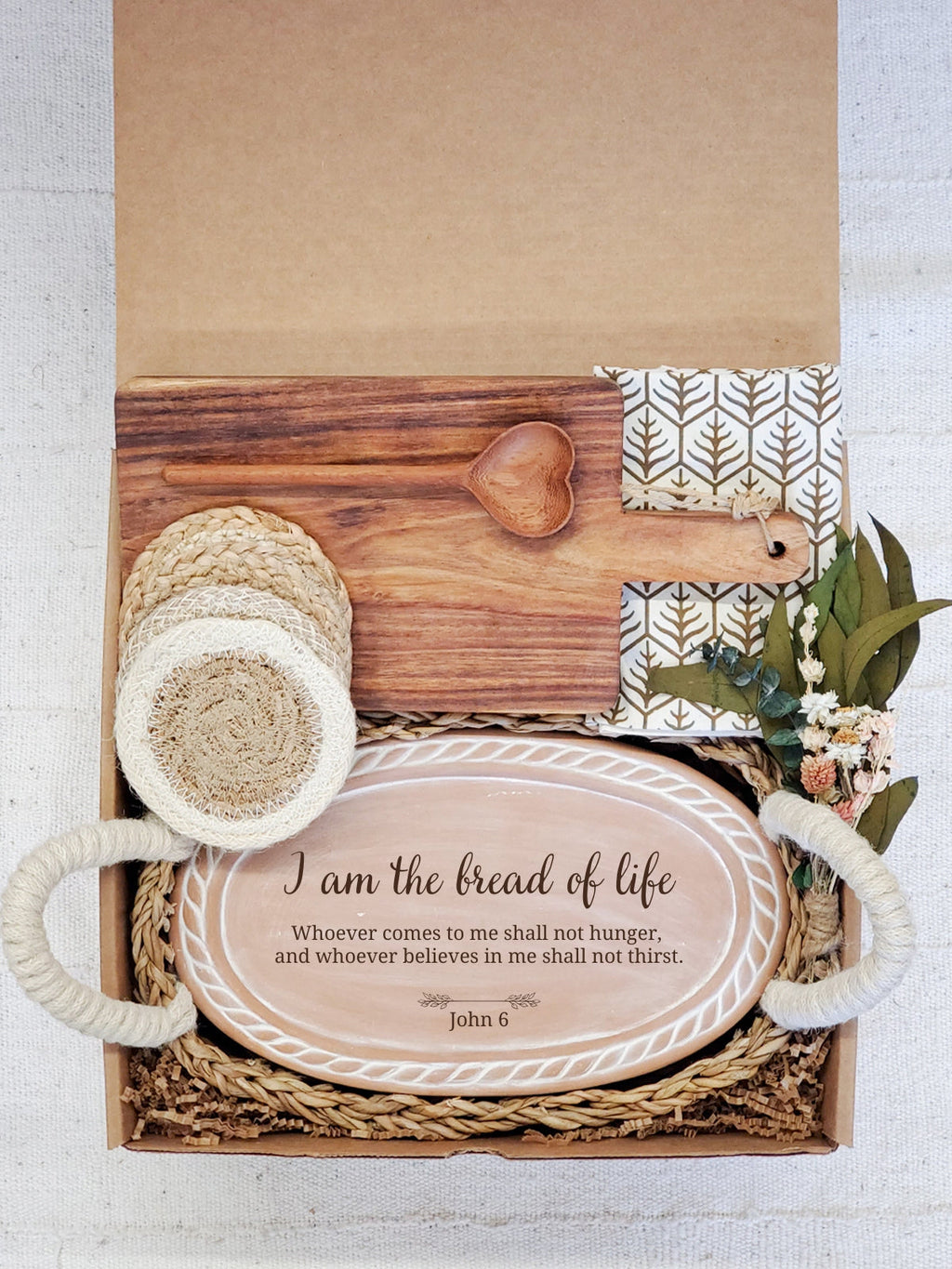 Christian Oval Stone Bread Warmer & Basket with Gift Box With Wooden Board and Spoon