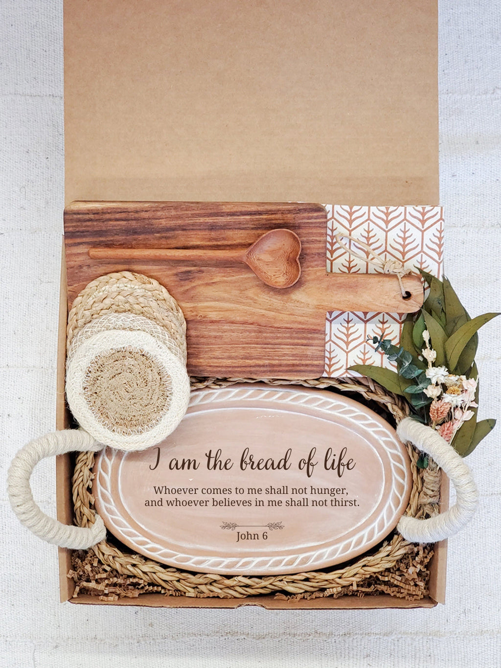 Christian Oval Stone Bread Warmer & Basket with Gift Box With Wooden Board and Spoon