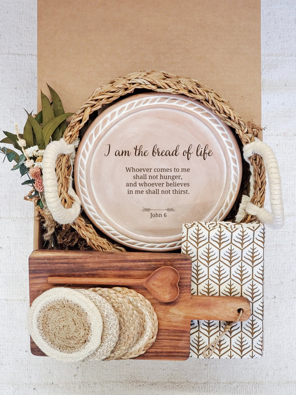 Christian Round Bread Warmer & Basket Gift Box With Wooden Board and Spoon
