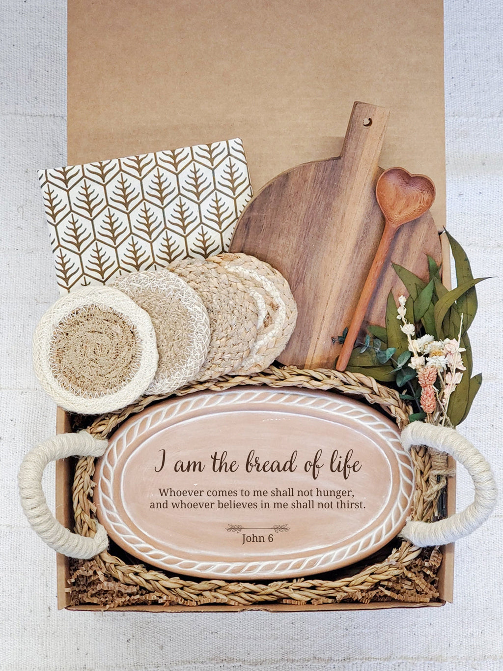 Christian Oval Stone Bread Warmer & Basket with Gift Box With Wooden Board and Spoon