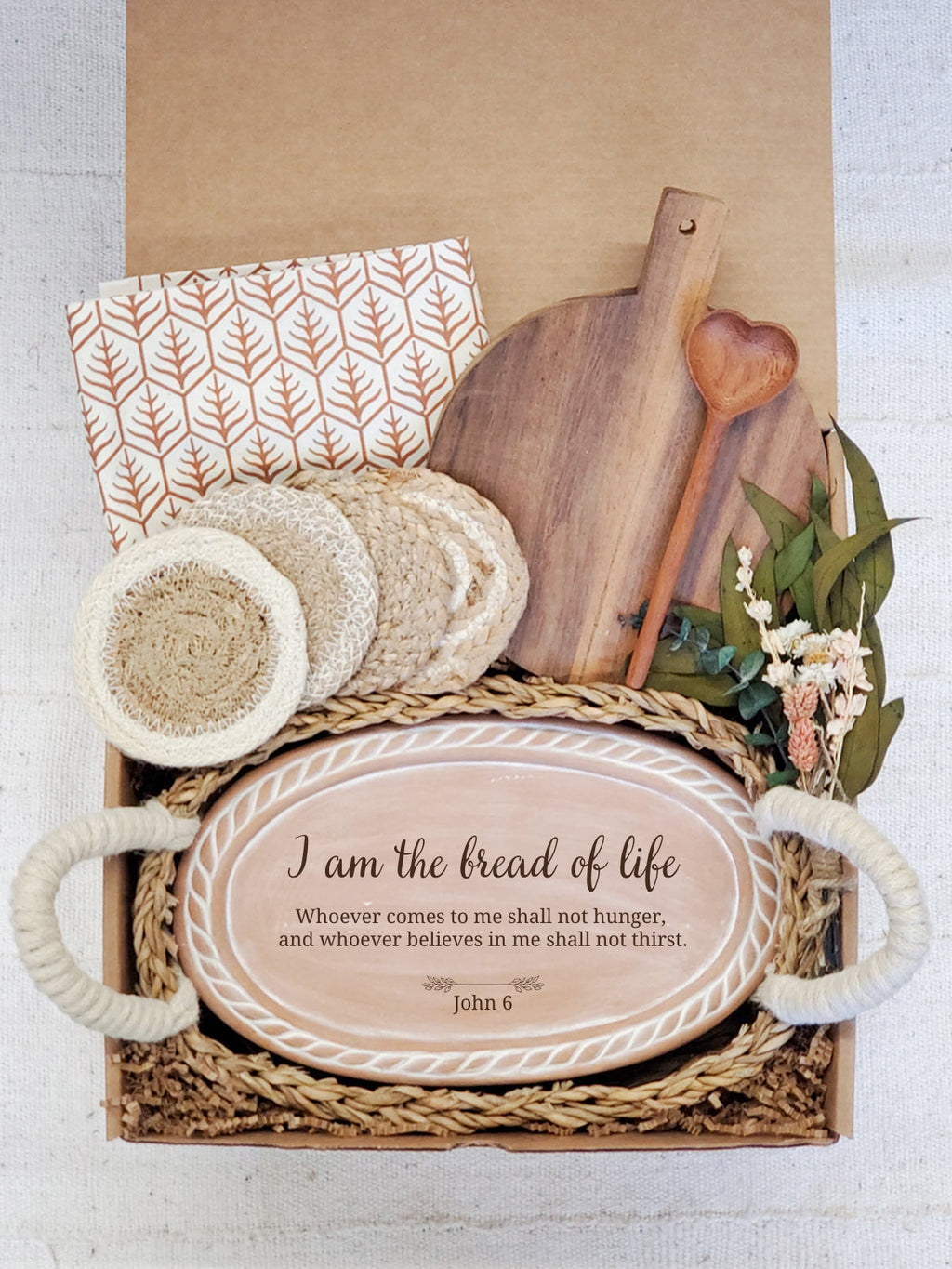 Christian Oval Stone Bread Warmer & Basket with Gift Box With Wooden Board and Spoon