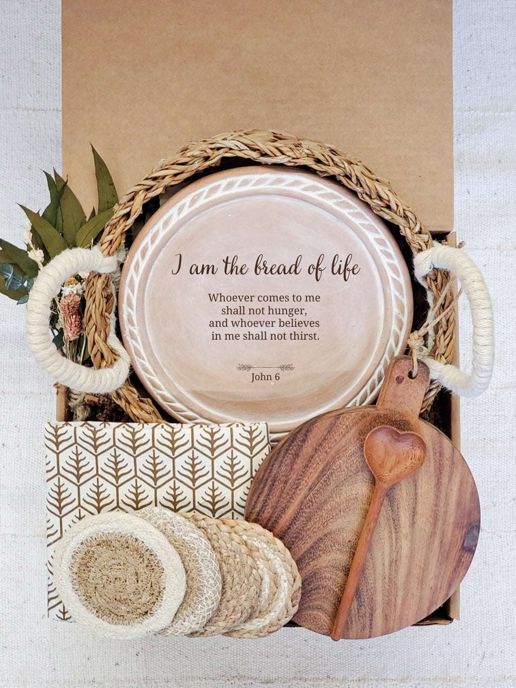 Christian Round Bread Warmer & Basket Gift Box With Wooden Board and Spoon