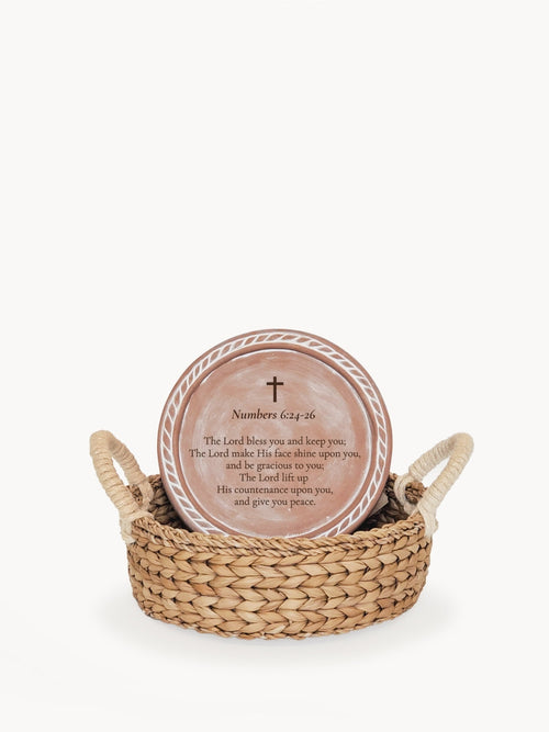 Christian Bread Warmer & Basket – Round Stone with Scripture