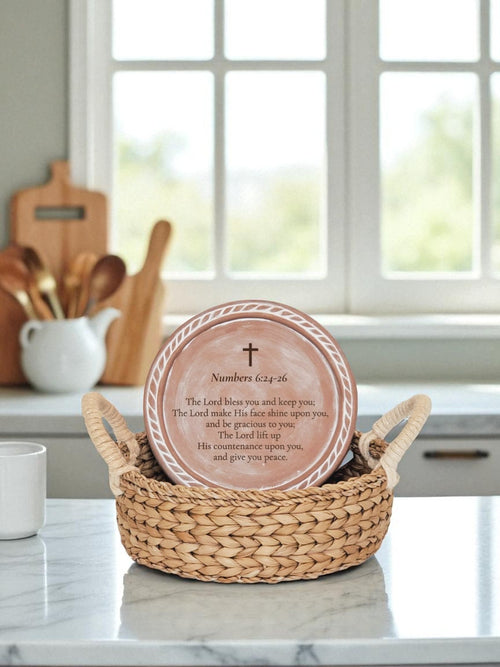 Christian Bread Warmer & Basket – Round Stone with Scripture