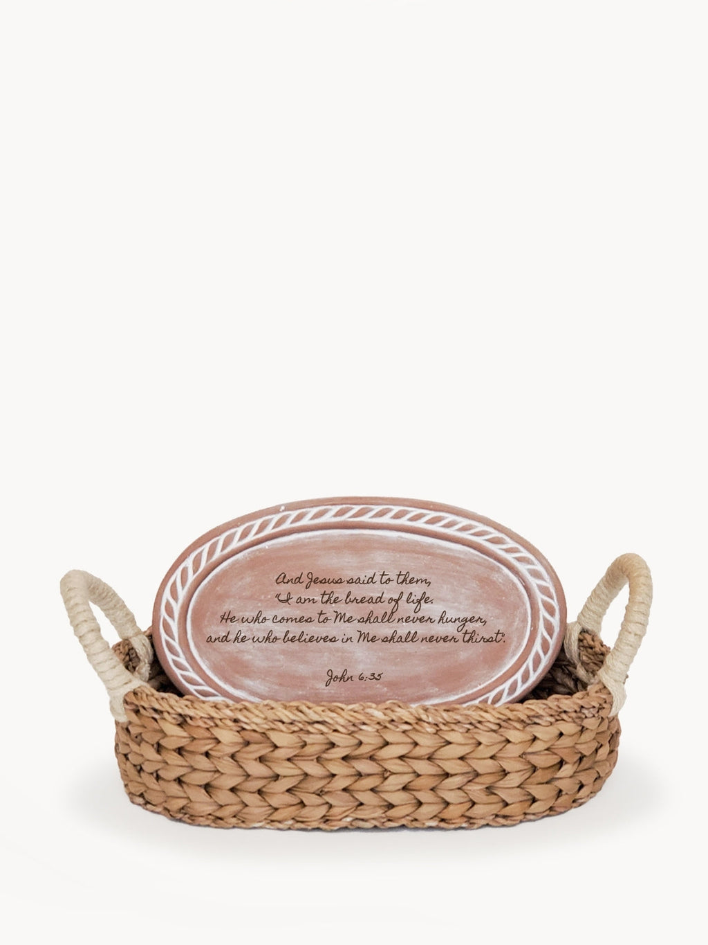 Christian Bread Warmer & Basket – Oval Stone with Scripture