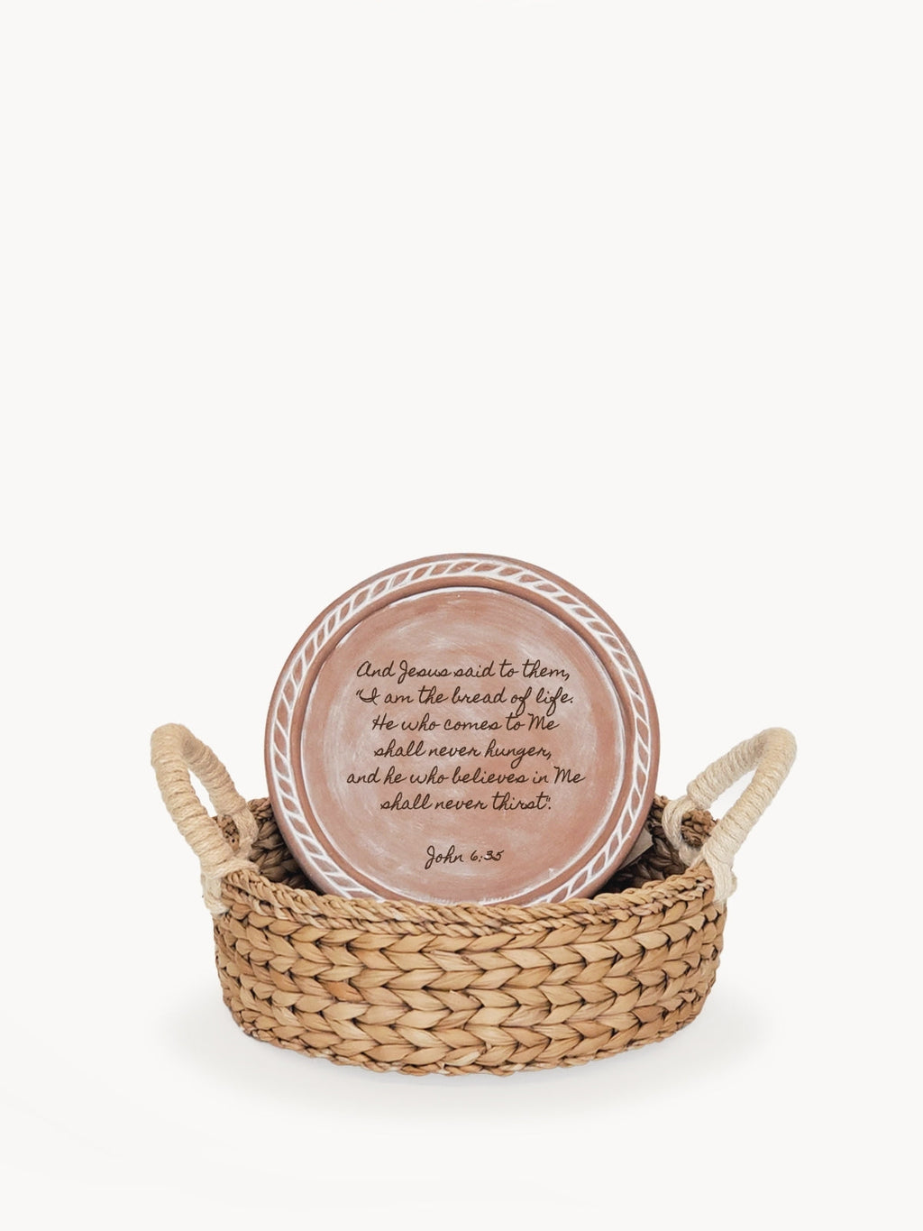 Christian Bread Warmer & Basket – Round Stone with Scripture