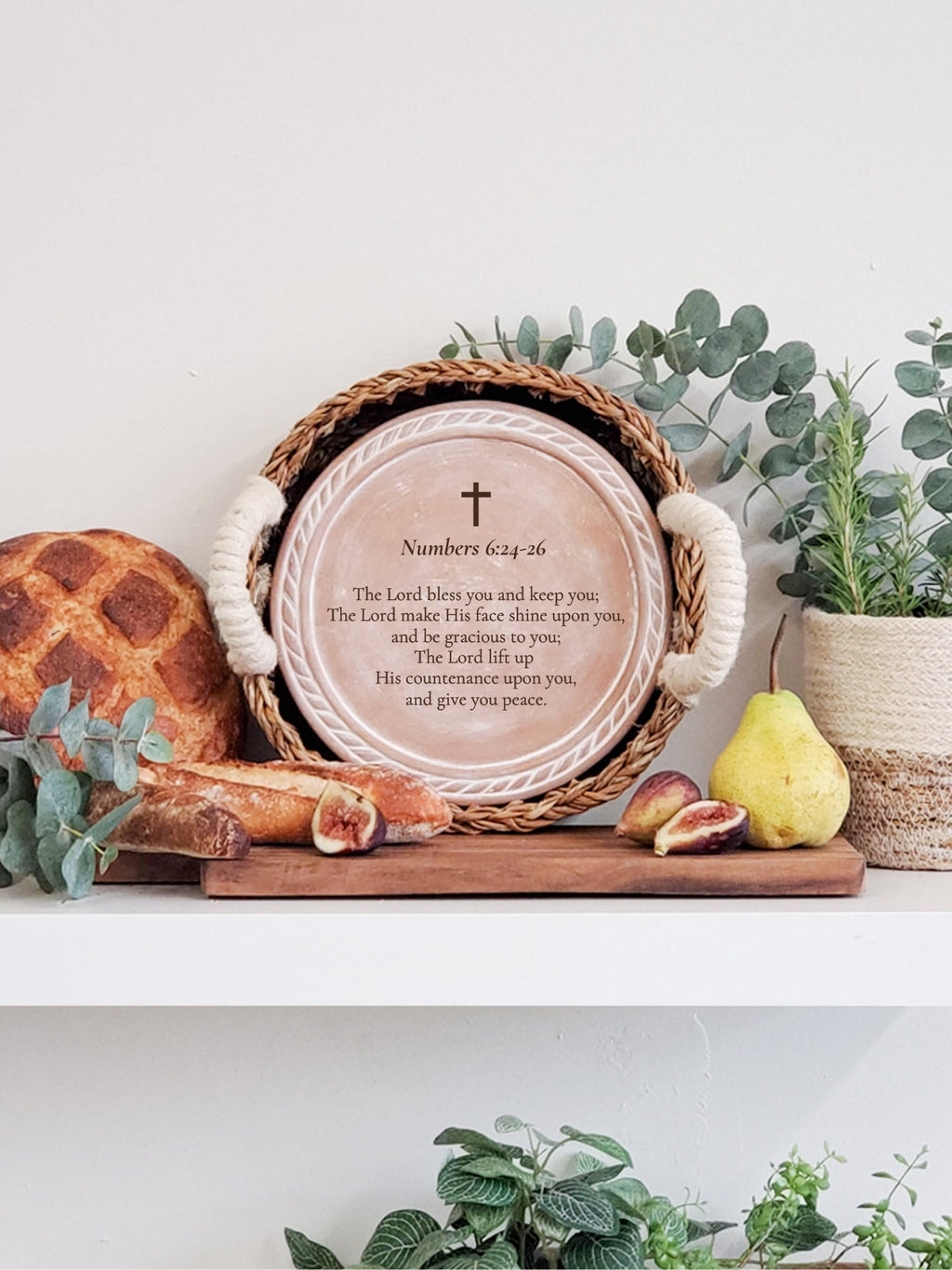 Christian Bread Warmer & Basket – Round Stone with Scripture
